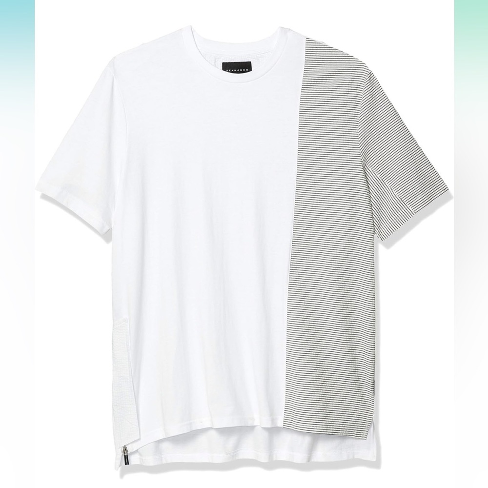 Sean John Men's Short Sleeve Crew Neck Pinstripe Blocked Tee | White, Medium
